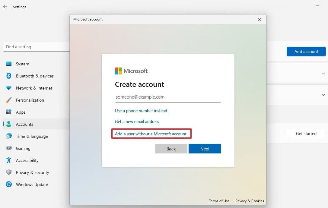 Add a user without a Microsoft account