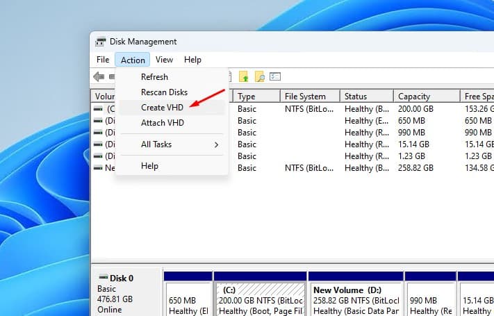Create VHD disk management