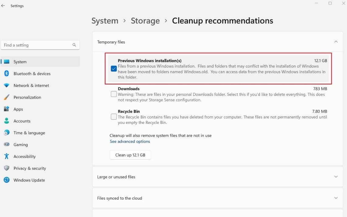 Delete Previous Windows 11 Installation Files