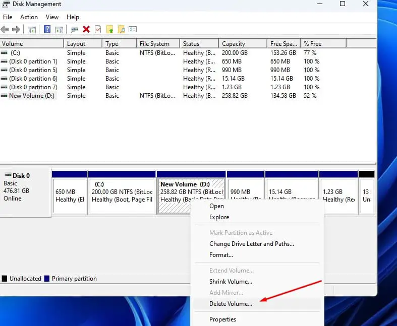 Delete volume on disk management