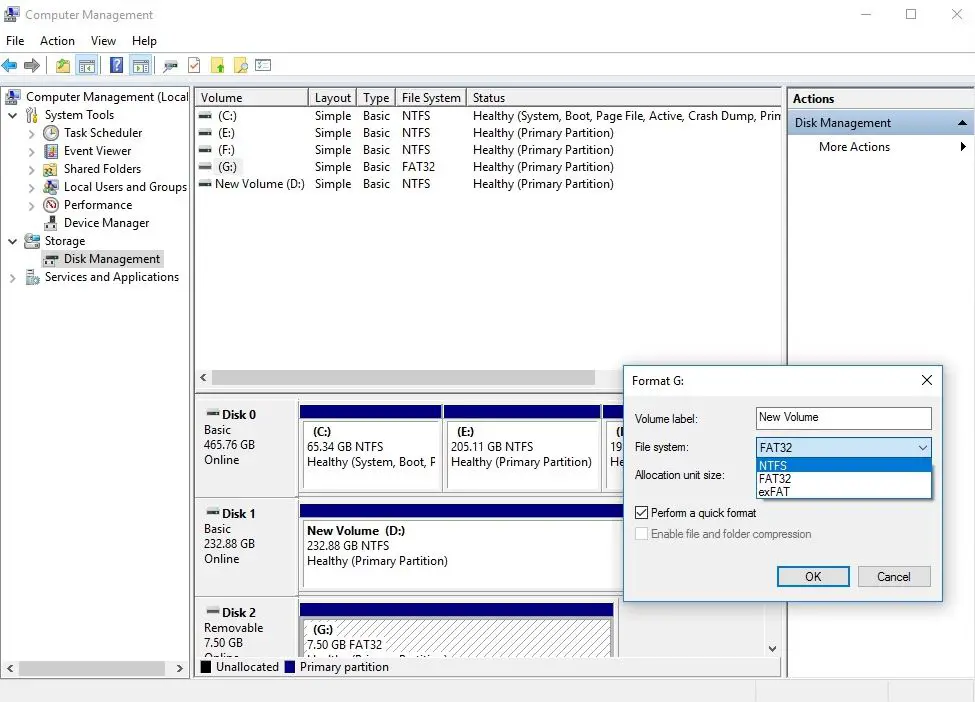 Format USB using Disk management