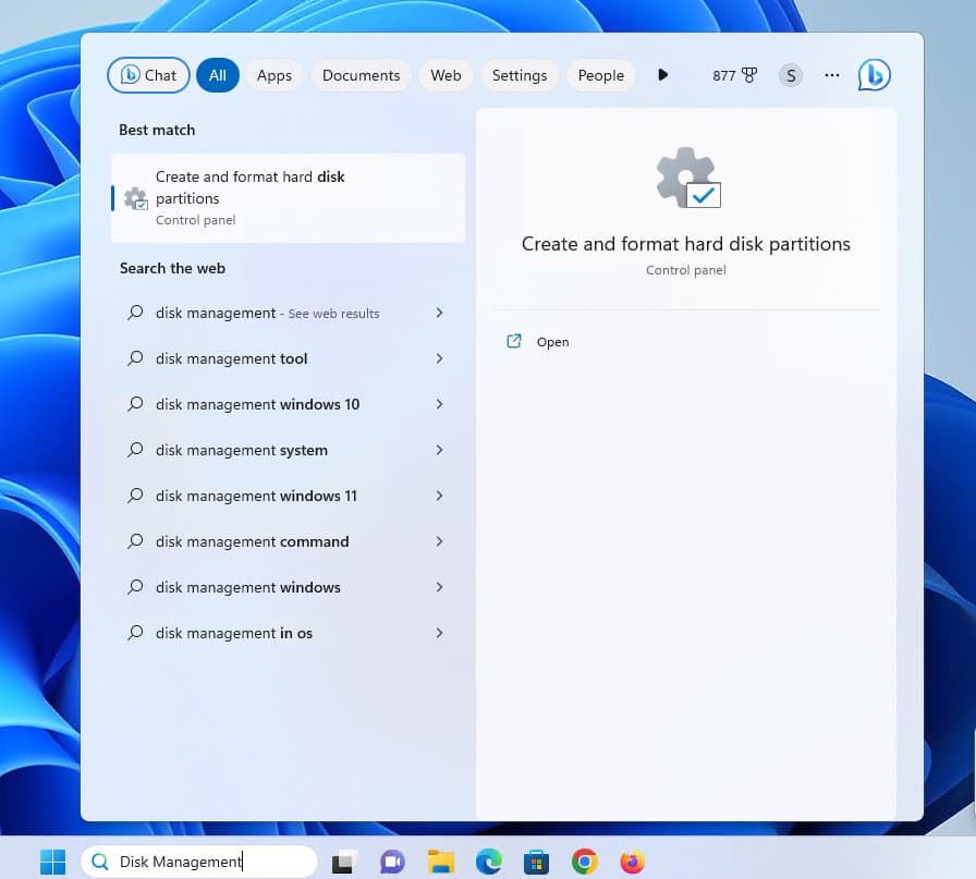 Open Disk Management on windows search