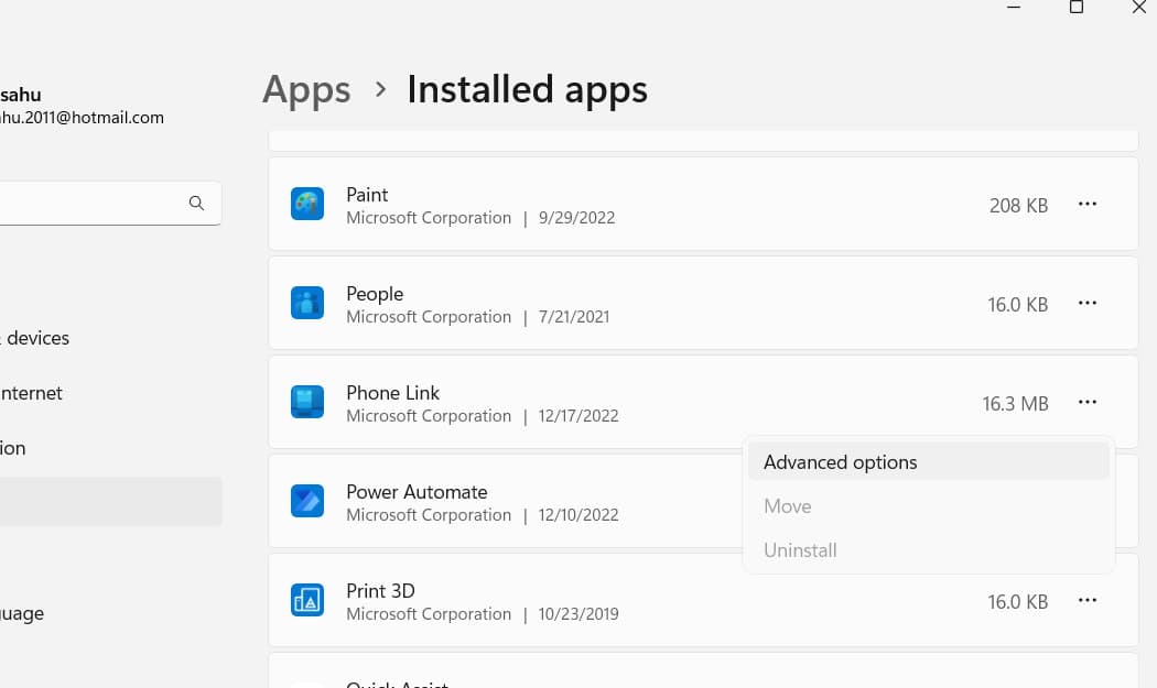 Phone link app advanced options