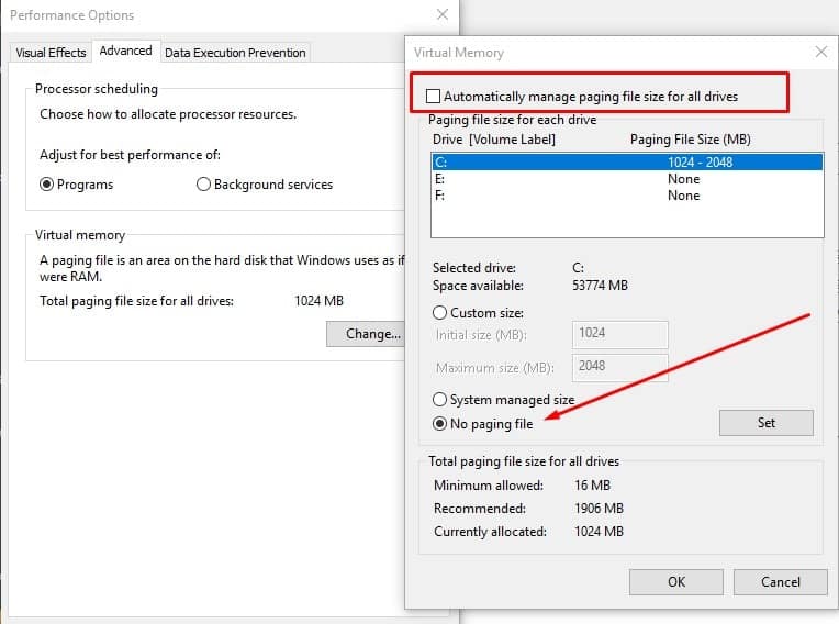 Remove pagefile on windows 10