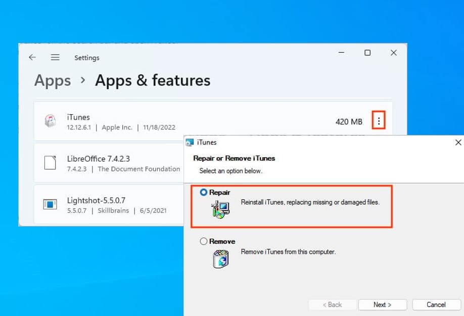 Repair iTunes app