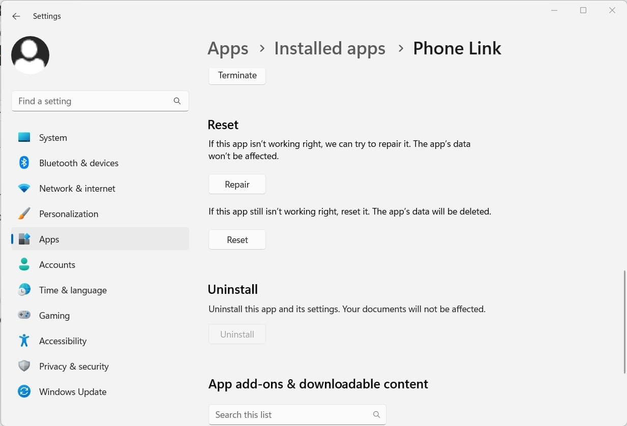 Reset Microsoft phone link app