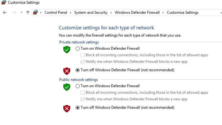 Turn off windows Defender firewall