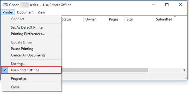uncheck use printer offline