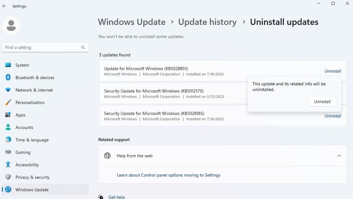 Uninstall windows 11 update