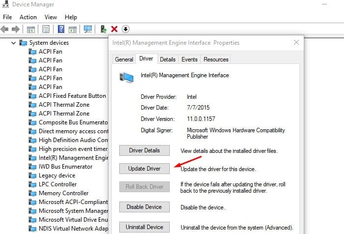 Update Intel Management Engine Interface driver