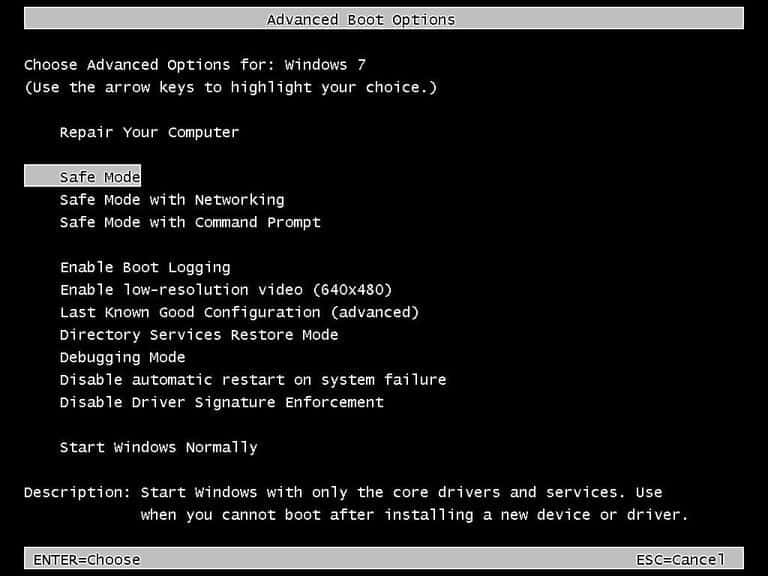 windows 7 safe mode boot option 